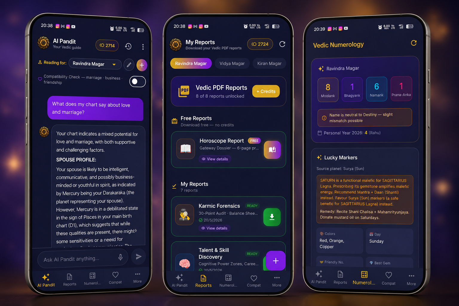 Rajvidya app — Reports & Numerology screens