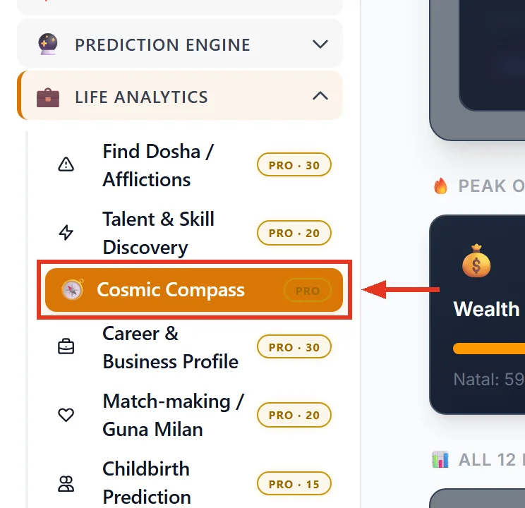 Sidebar with Life Analytics expanded and a red arrow pointing at Cosmic Compass