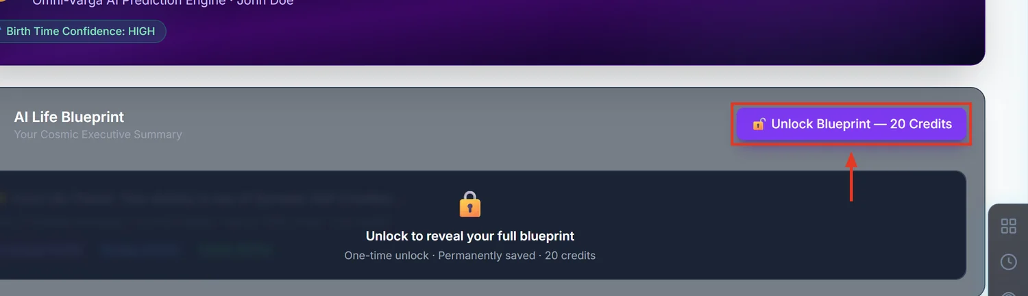 Locked AI Life Blueprint card with a red arrow pointing at the 20 credit unlock button